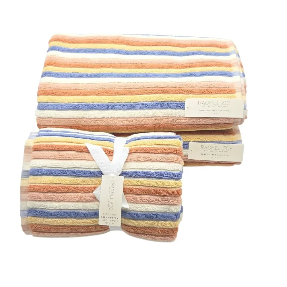 Rachel Zoe 4pc Cotton Bath Hand Towel Set Earthy Neutral Color Stripe Boho Fall